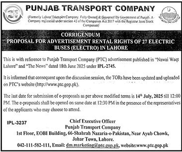 Punjab Transport Company Lahore Tender Notice